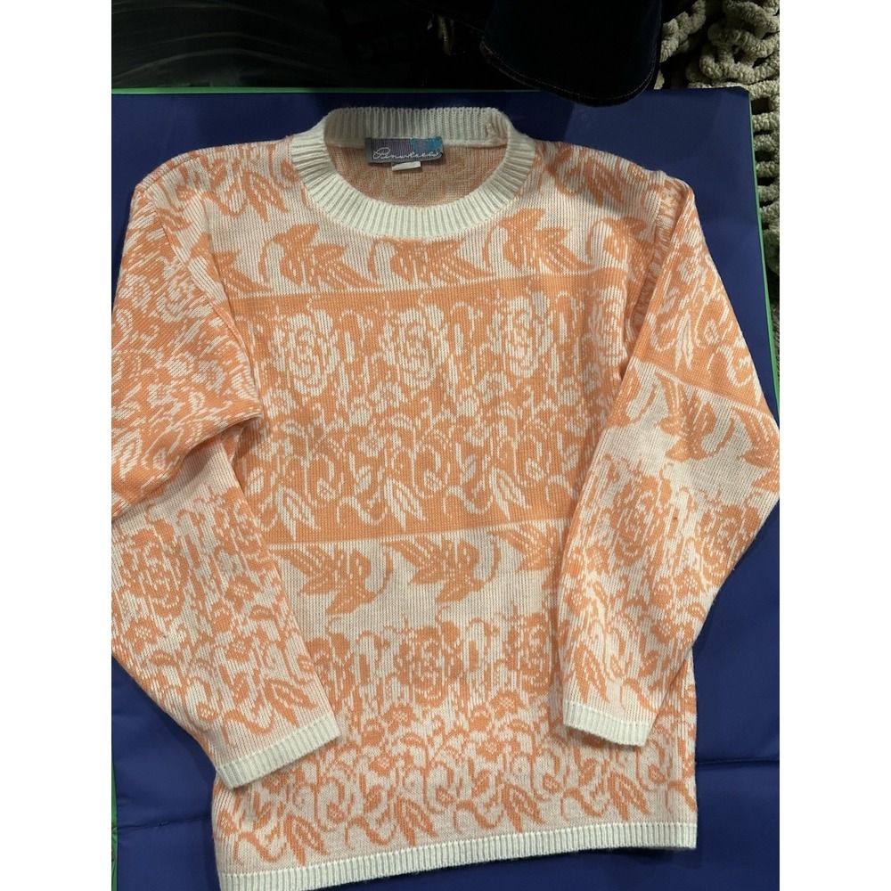 VTG 90's Women's L Peach&white Pinwheels Sweater Womens Long‎ Sleeve Made in USA